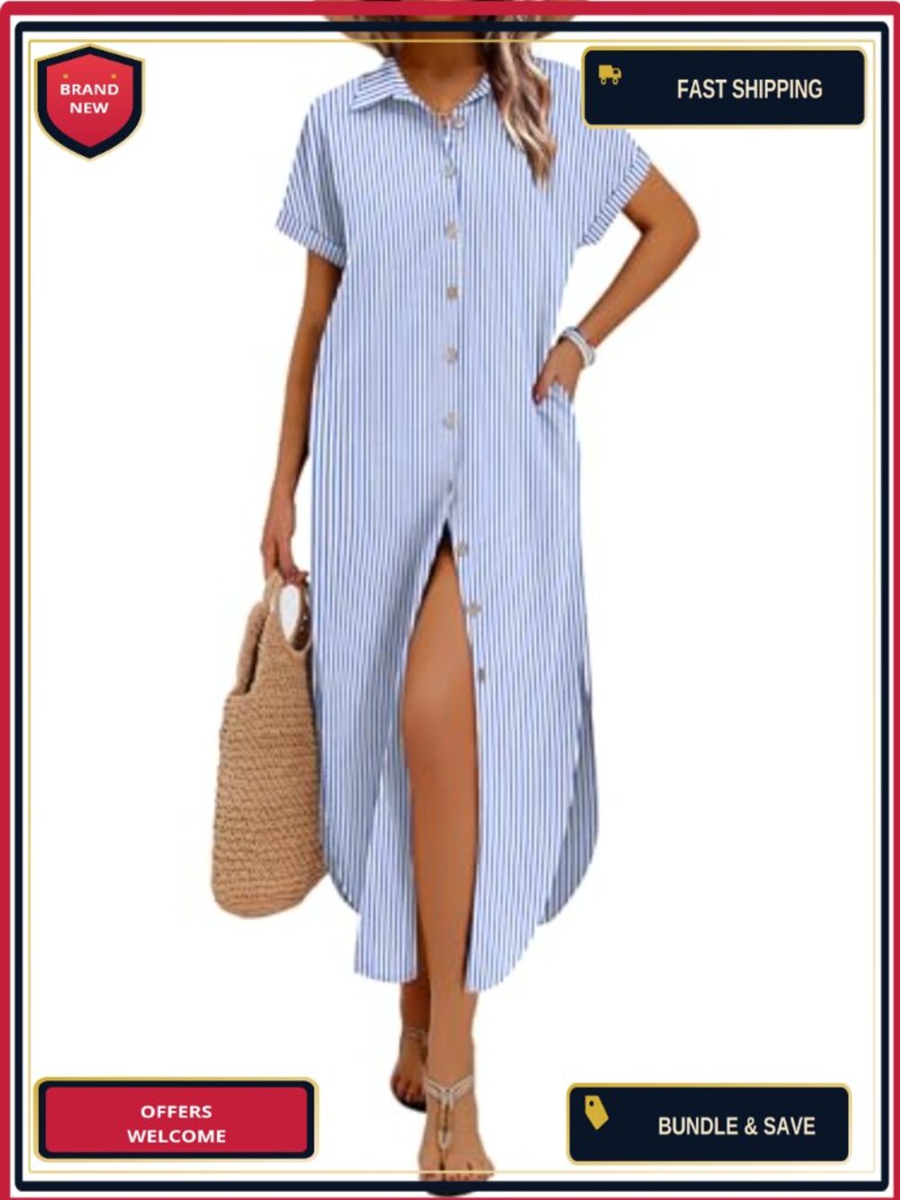Women's Casual Maxi Shirt Dress Short Sleeve V-Neck Button Down with Pockets